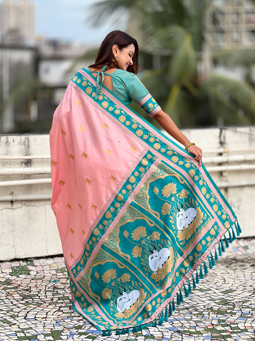 Baby pink soft silk pichwai traditional zari woven saree