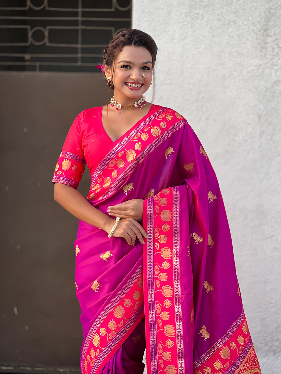Hot pink soft silk pichwai traditional zari woven saree