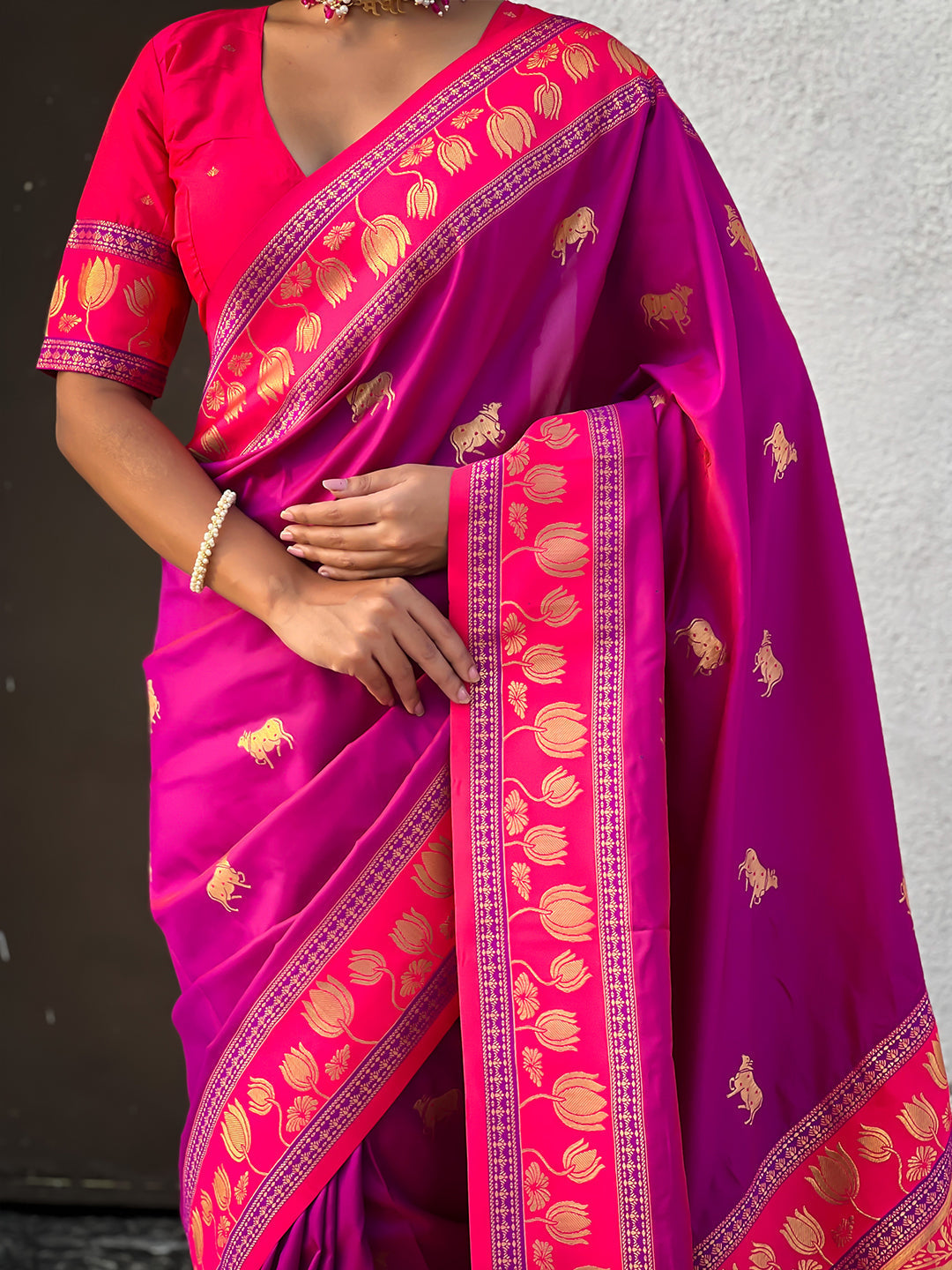 Hot pink soft silk pichwai traditional zari woven saree
