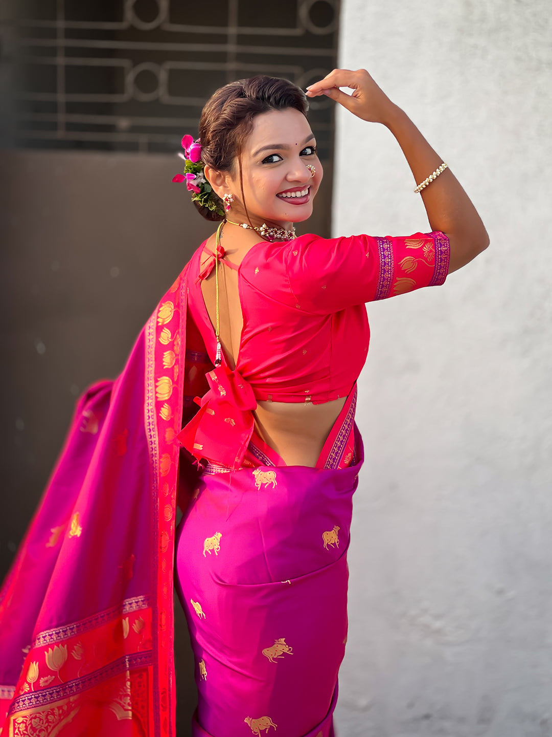 Hot pink soft silk pichwai traditional zari woven saree