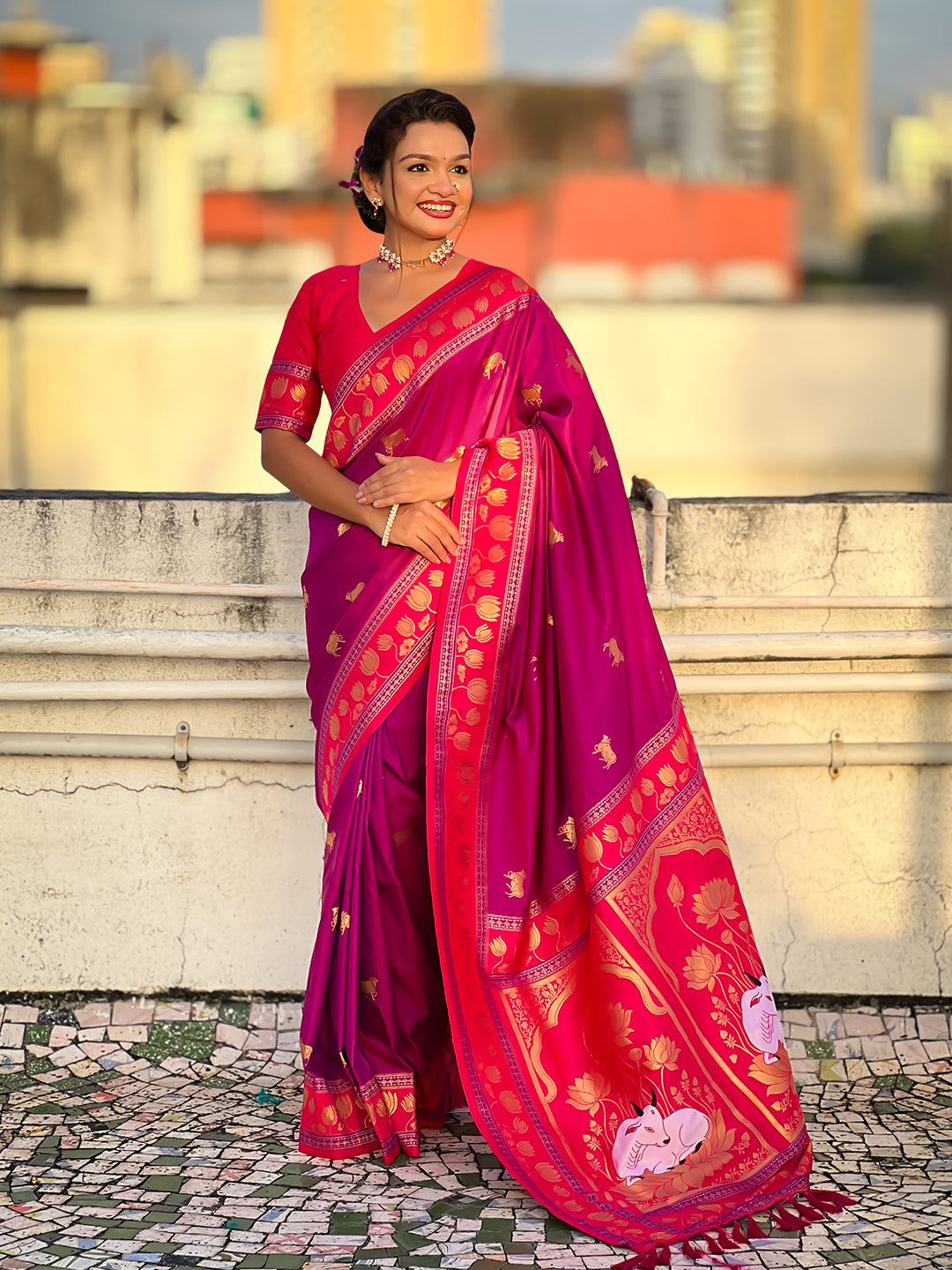 Hot pink soft silk pichwai traditional zari woven saree