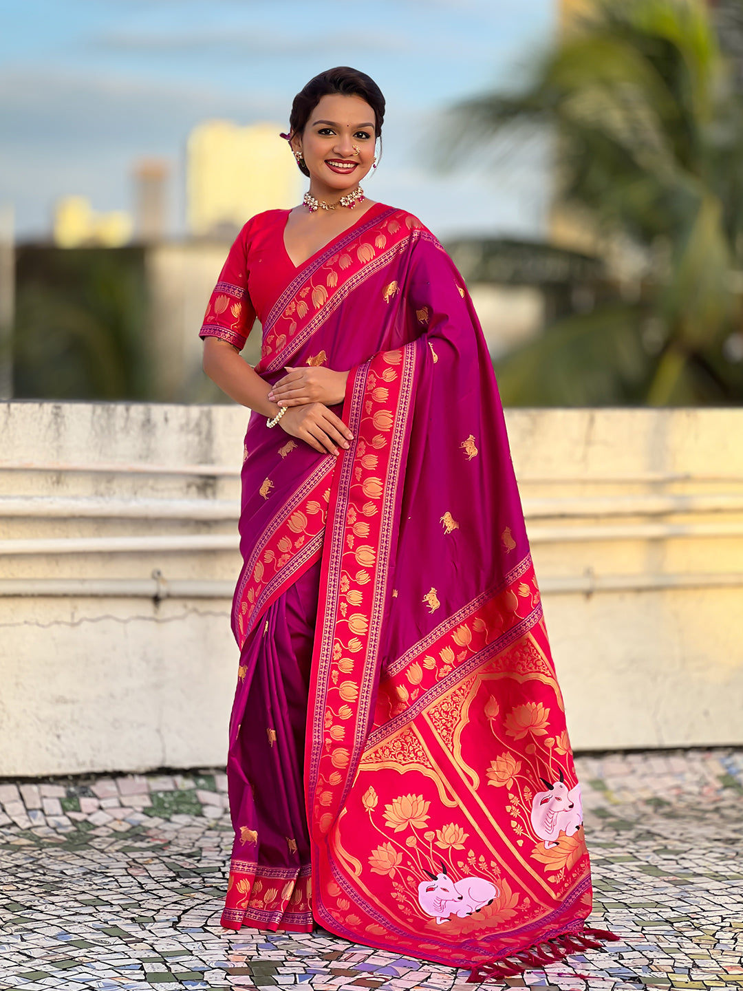 Hot pink soft silk pichwai traditional zari woven saree