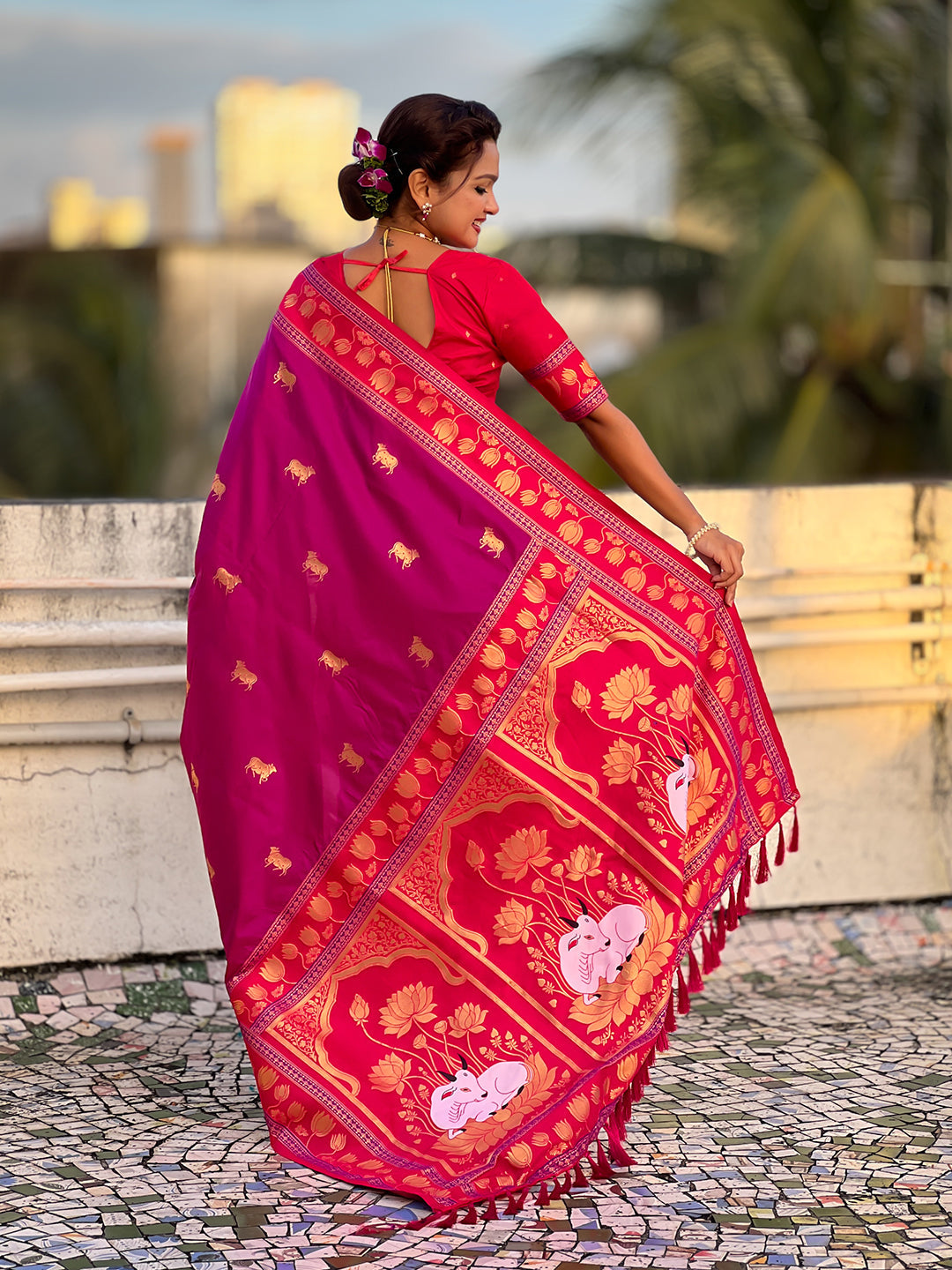 Hot pink soft silk pichwai traditional zari woven saree