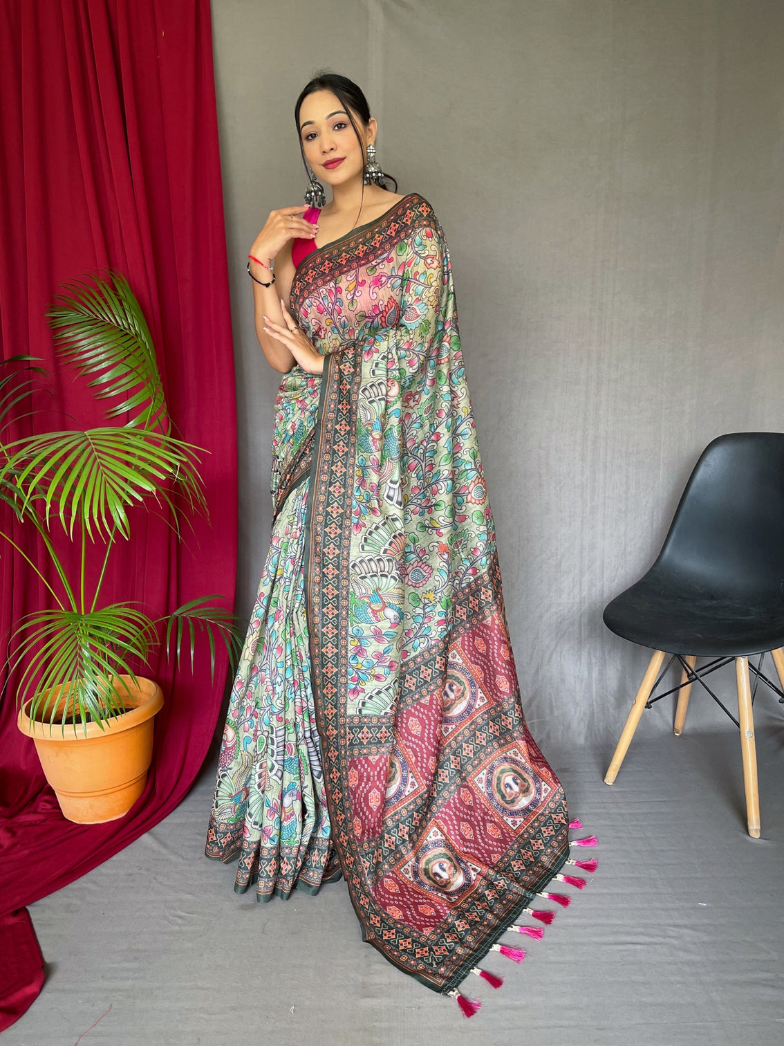 Pista Green Saree in Cotton Bandhani Kalamkari Print