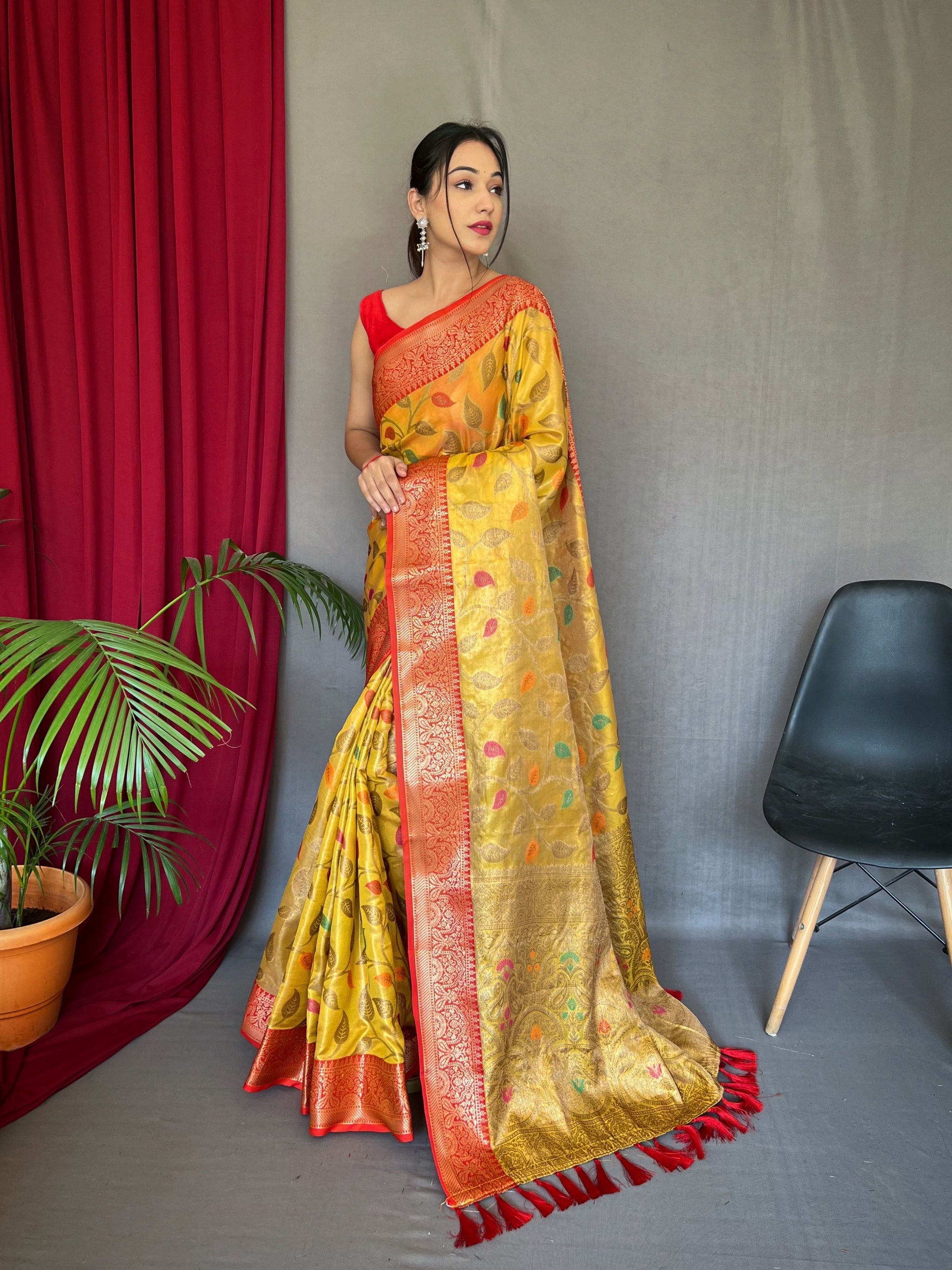Orange Gold Saree in Kanjeevaram Tissue Silk