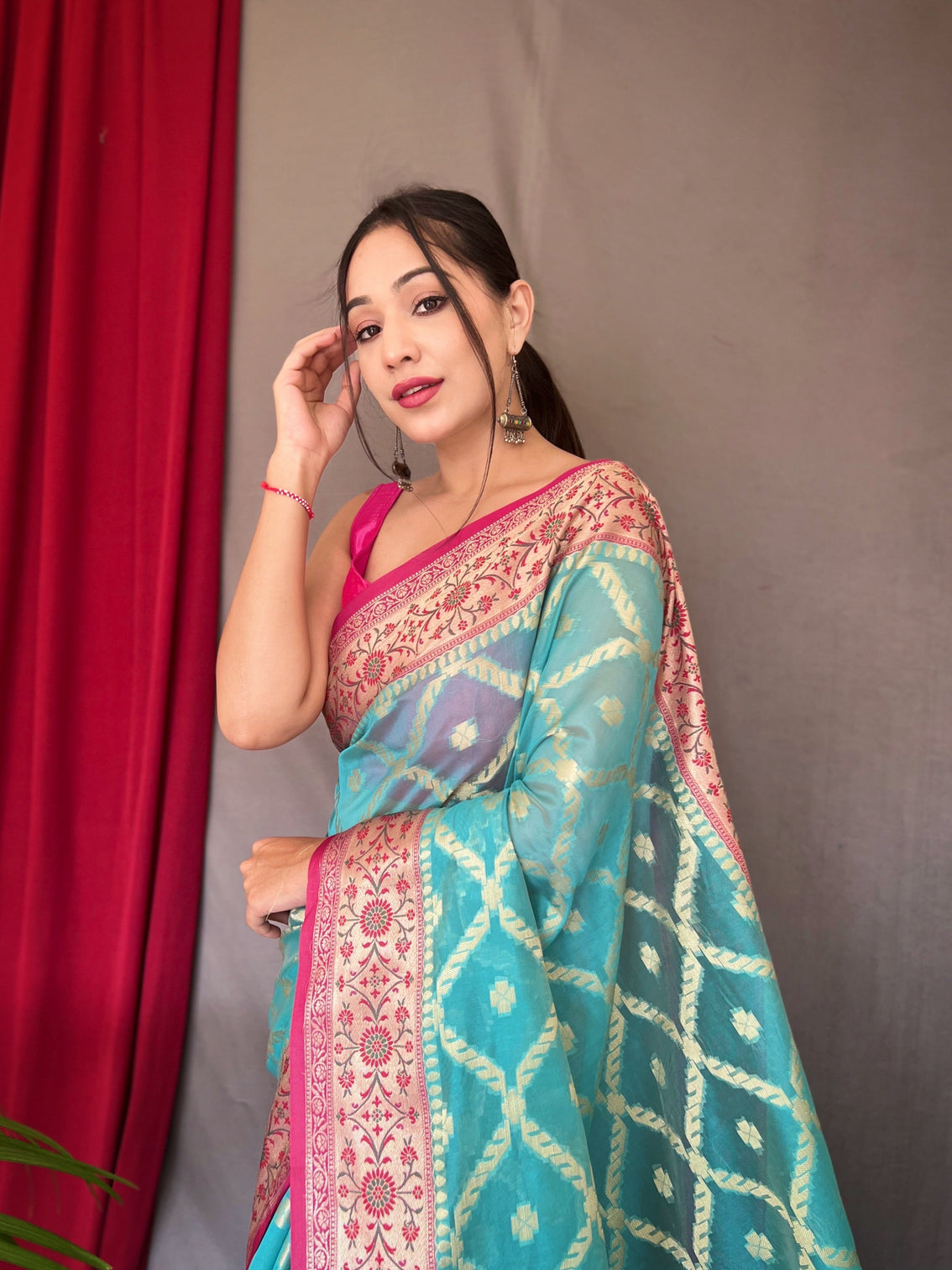 Sky Blue Saree in Banarasi Organza Silk Woven