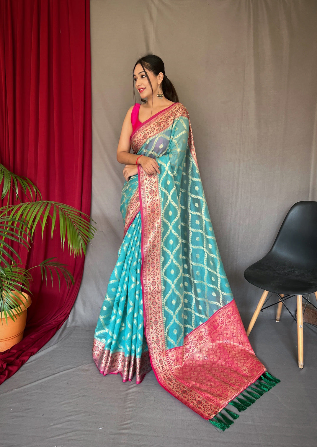 Sky Blue Saree in Banarasi Organza Silk Woven