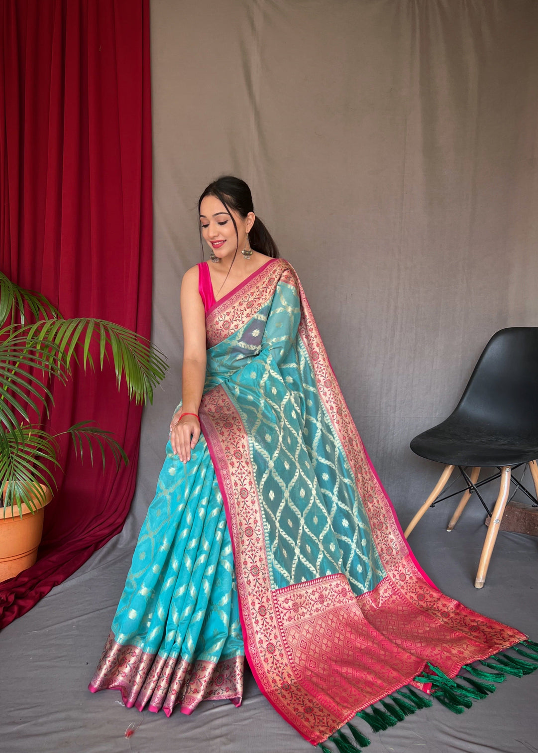 Sky Blue Saree in Banarasi Organza Silk Woven