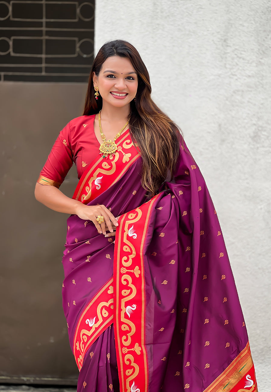Magenta zari woven rajhans swan paithani silk saree