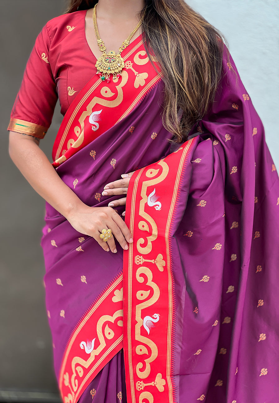 Magenta zari woven rajhans swan paithani silk saree
