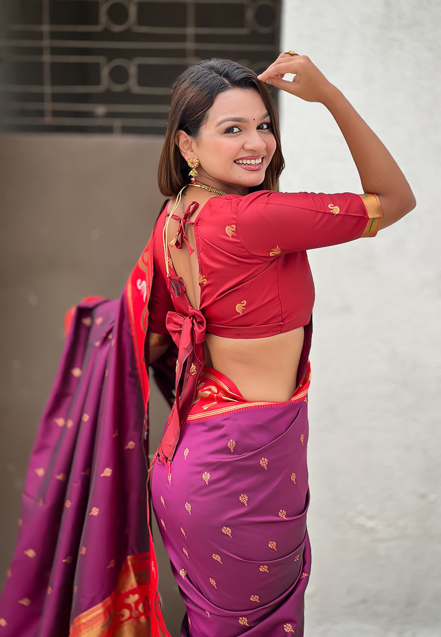 Magenta zari woven rajhans swan paithani silk saree