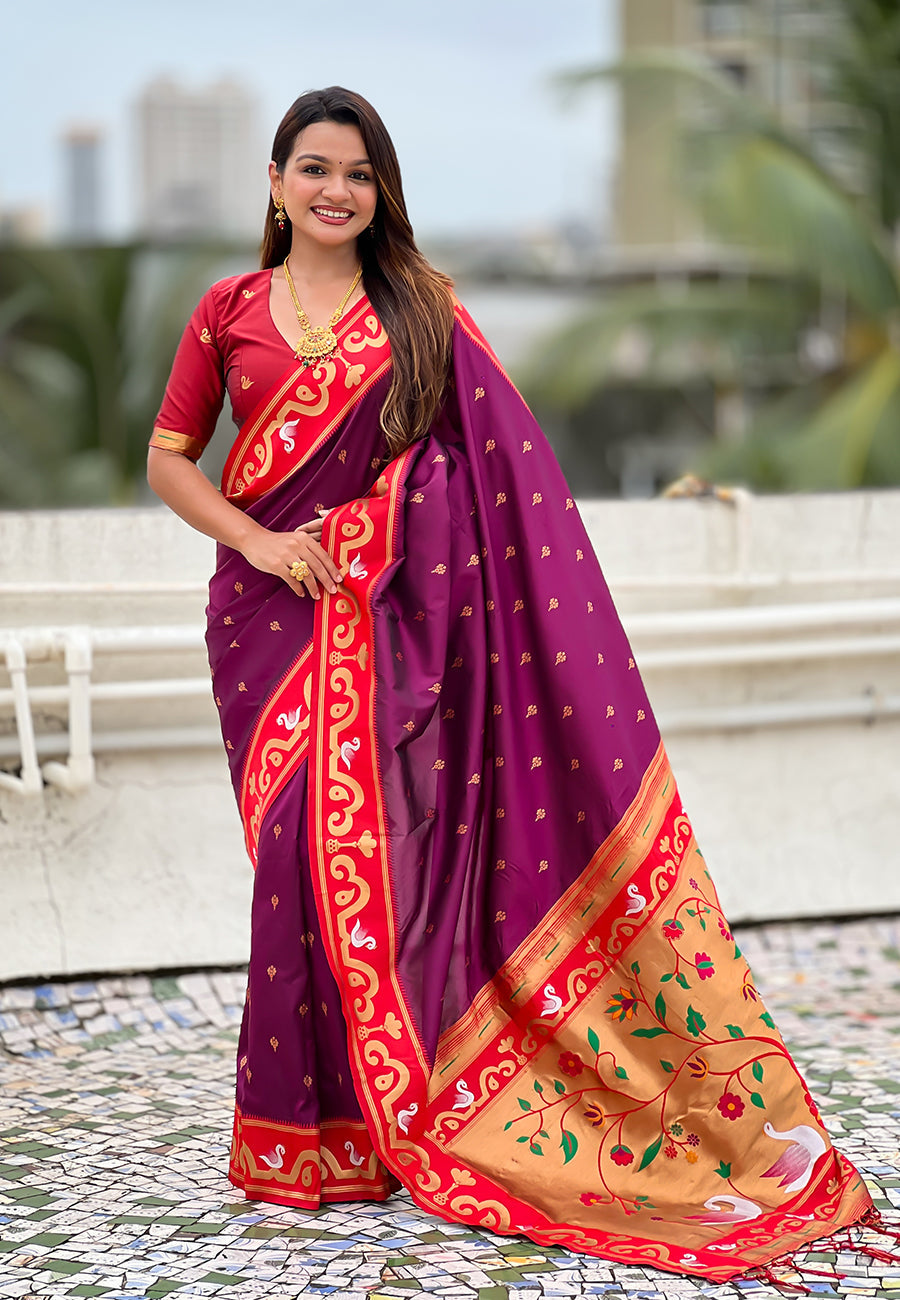 Magenta zari woven rajhans swan paithani silk saree