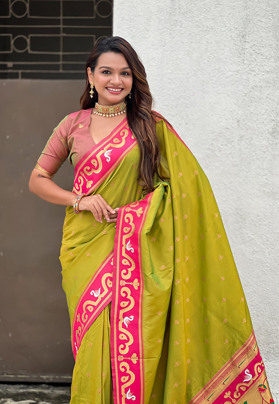 Mehendi green zari woven rajhans swan paithani silk saree