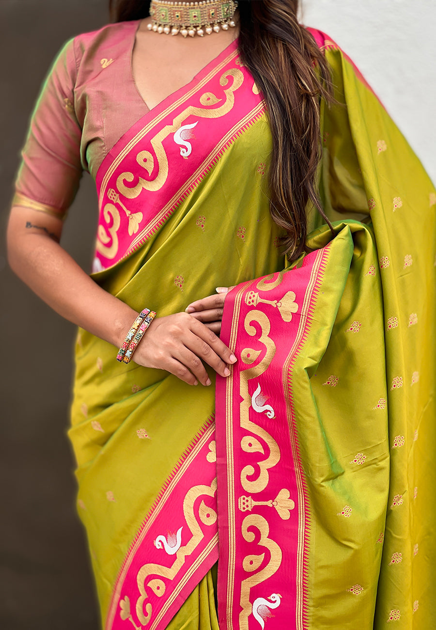 Mehendi green zari woven rajhans swan paithani silk saree