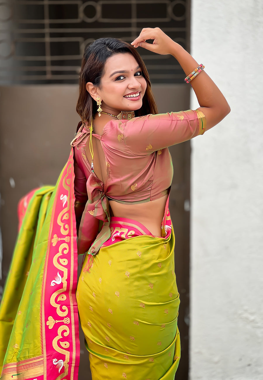 Mehendi green zari woven rajhans swan paithani silk saree