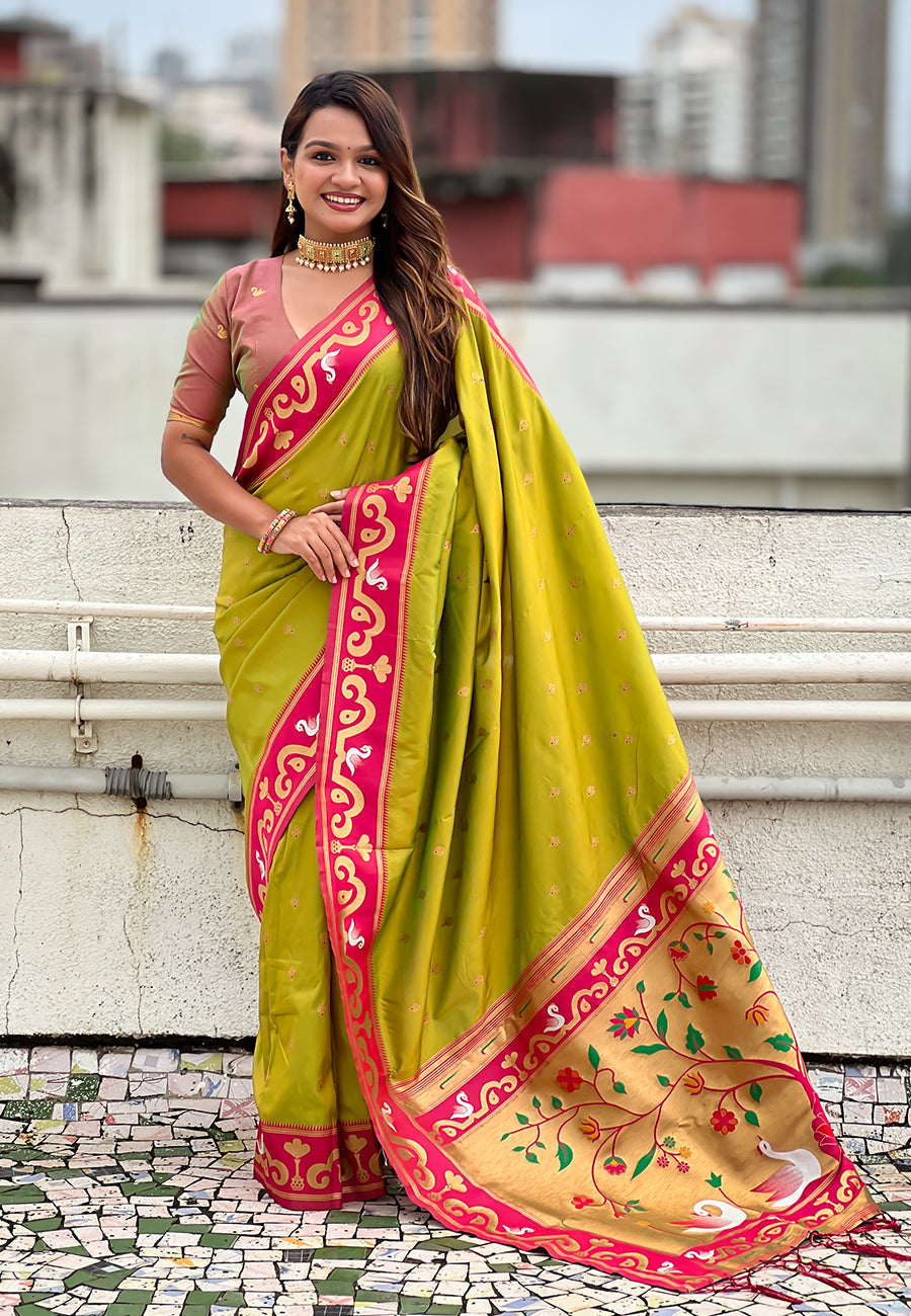 Mehendi green zari woven rajhans swan paithani silk saree
