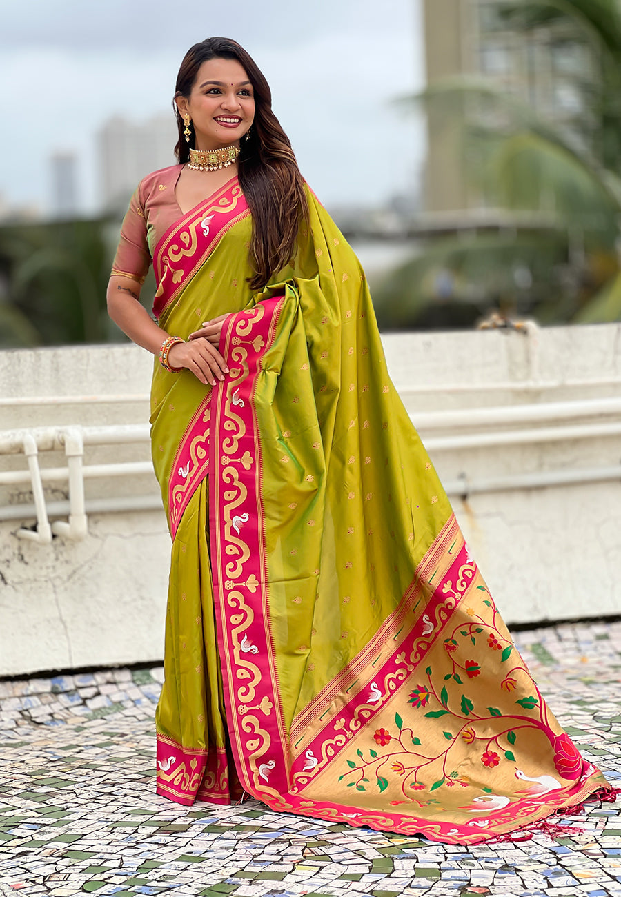 Mehendi green zari woven rajhans swan paithani silk saree