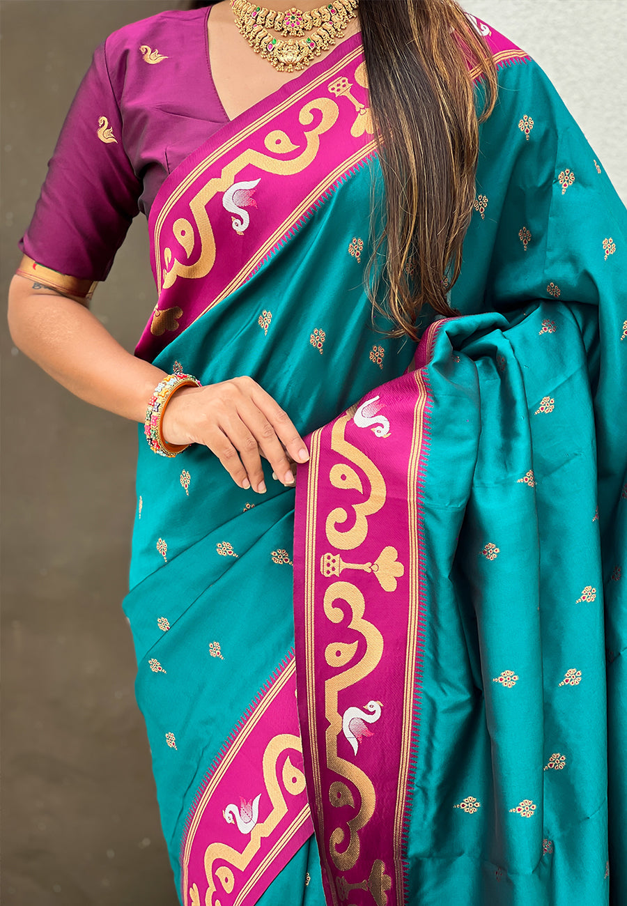 Green zari woven rajhans swan paithani silk saree