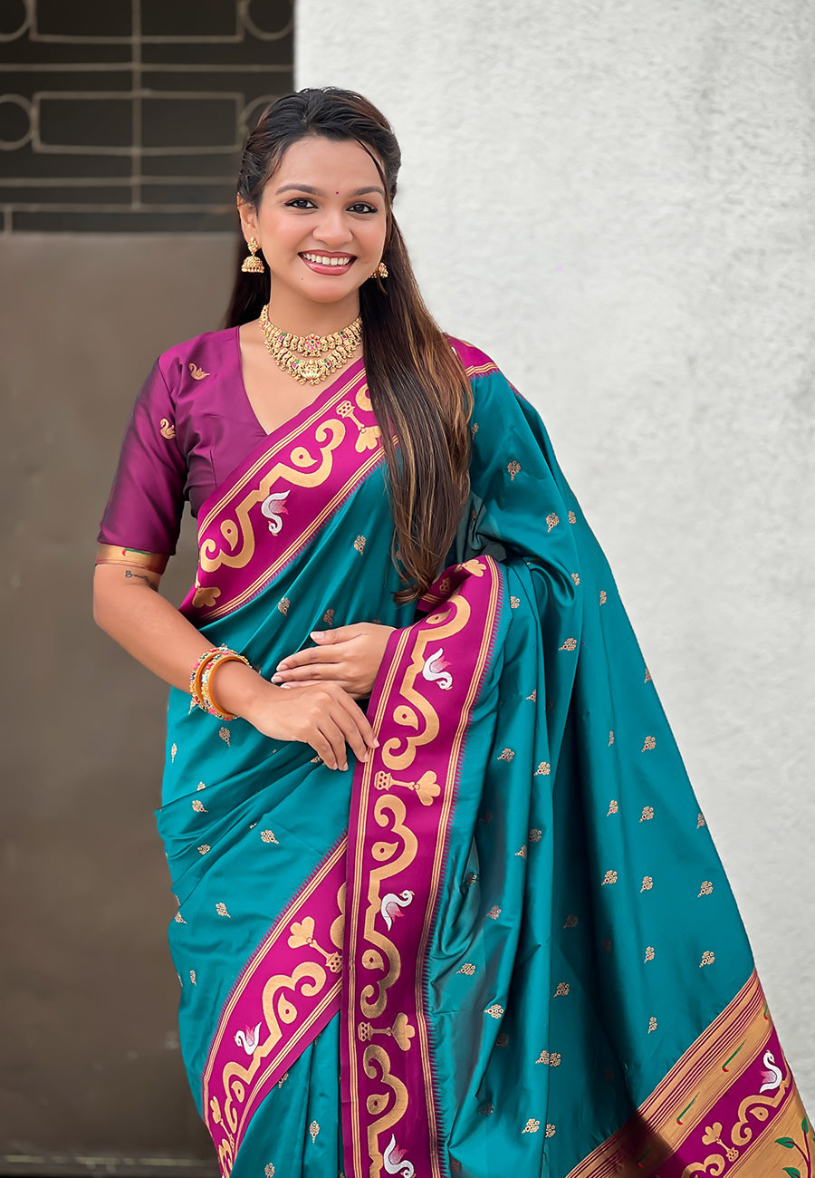 Green zari woven rajhans swan paithani silk saree