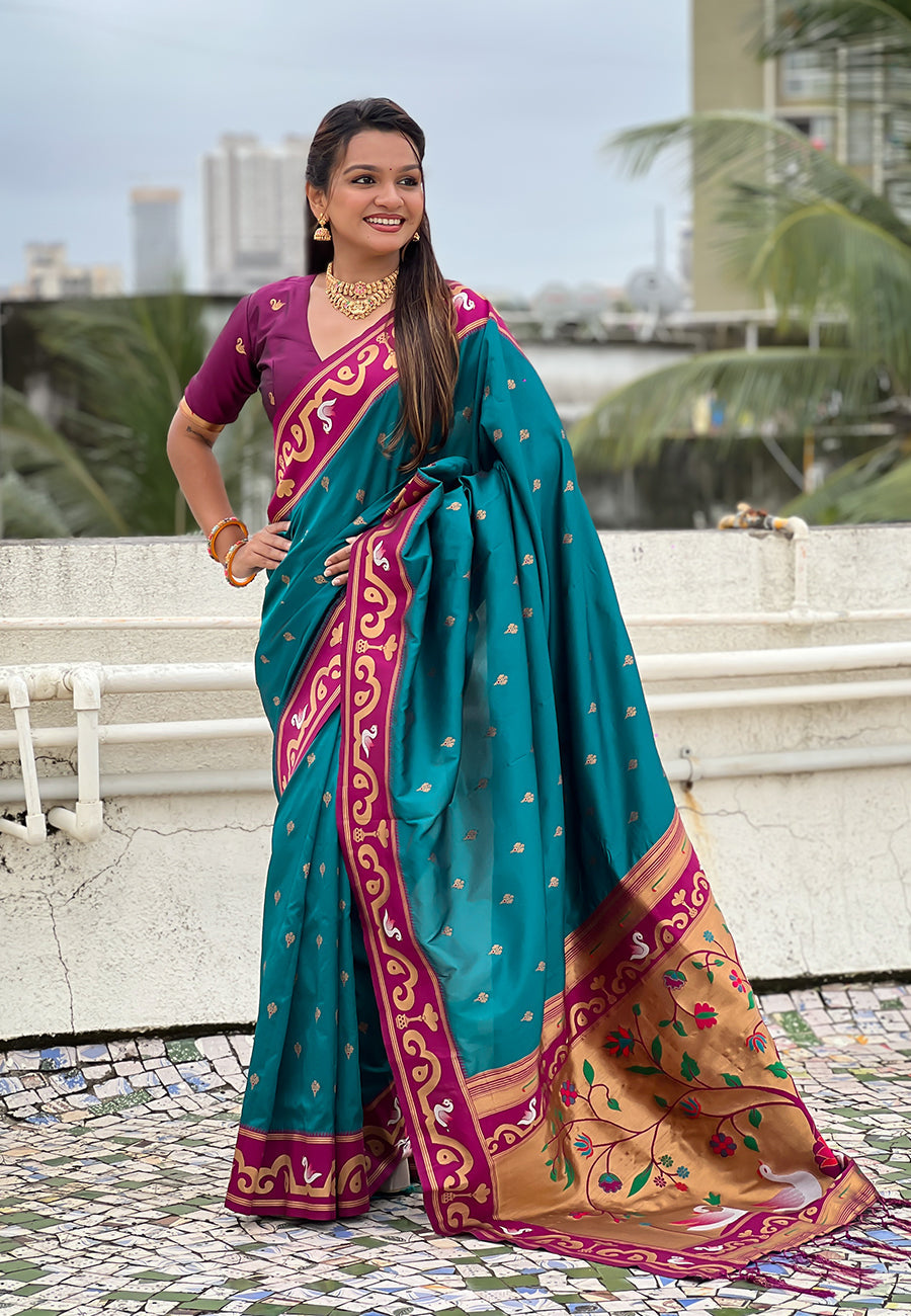 Green zari woven rajhans swan paithani silk saree