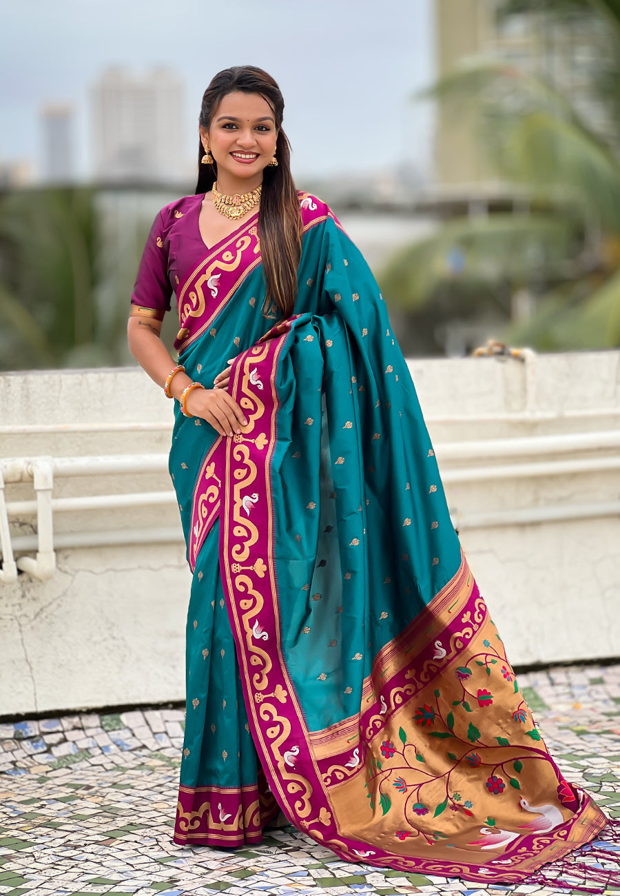 Green zari woven rajhans swan paithani silk saree