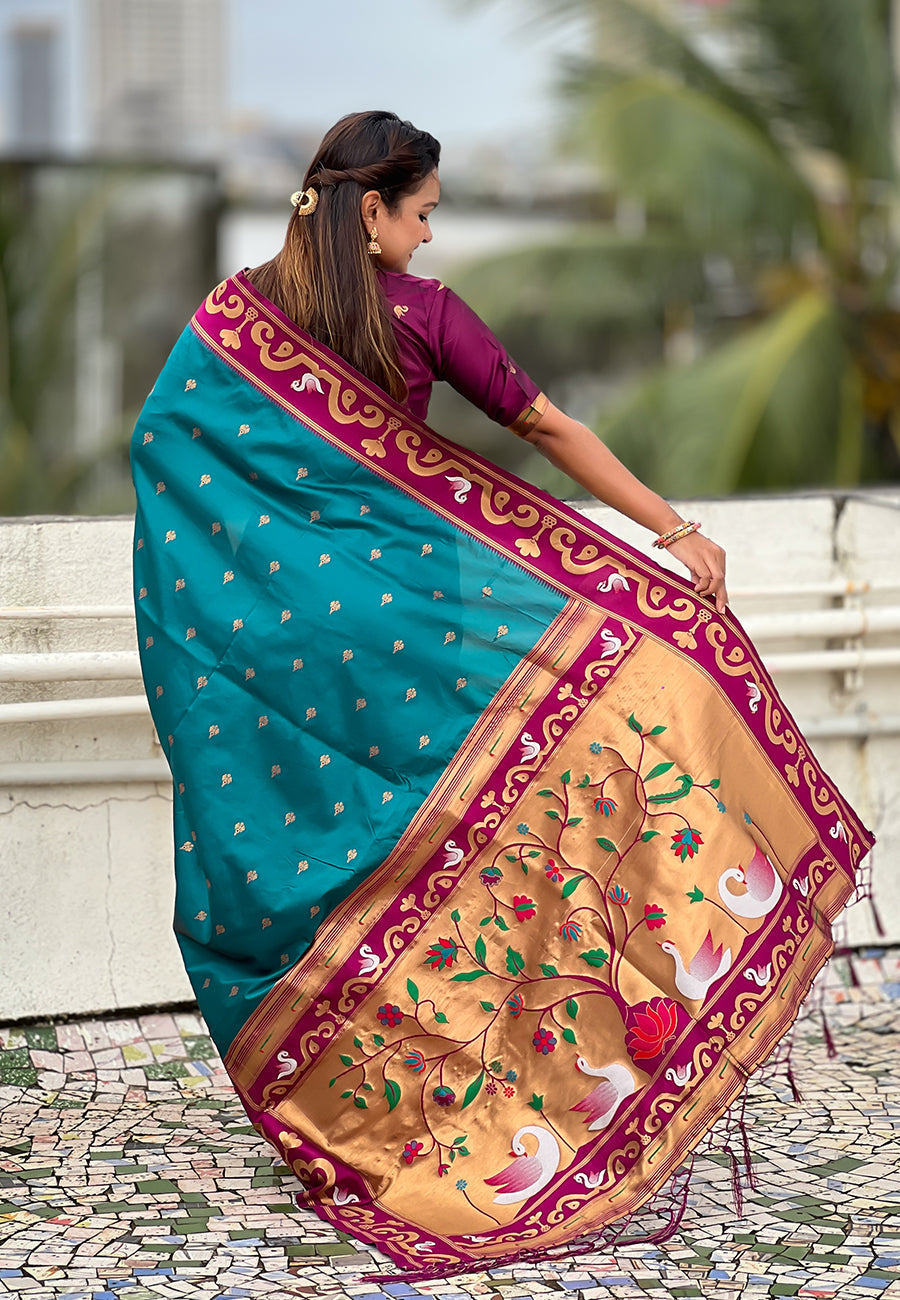Green zari woven rajhans swan paithani silk saree