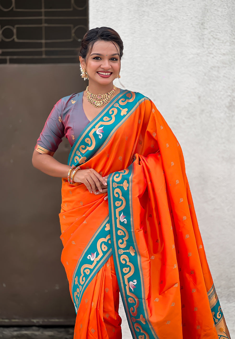 Orange zari woven rajhans swan paithani silk saree