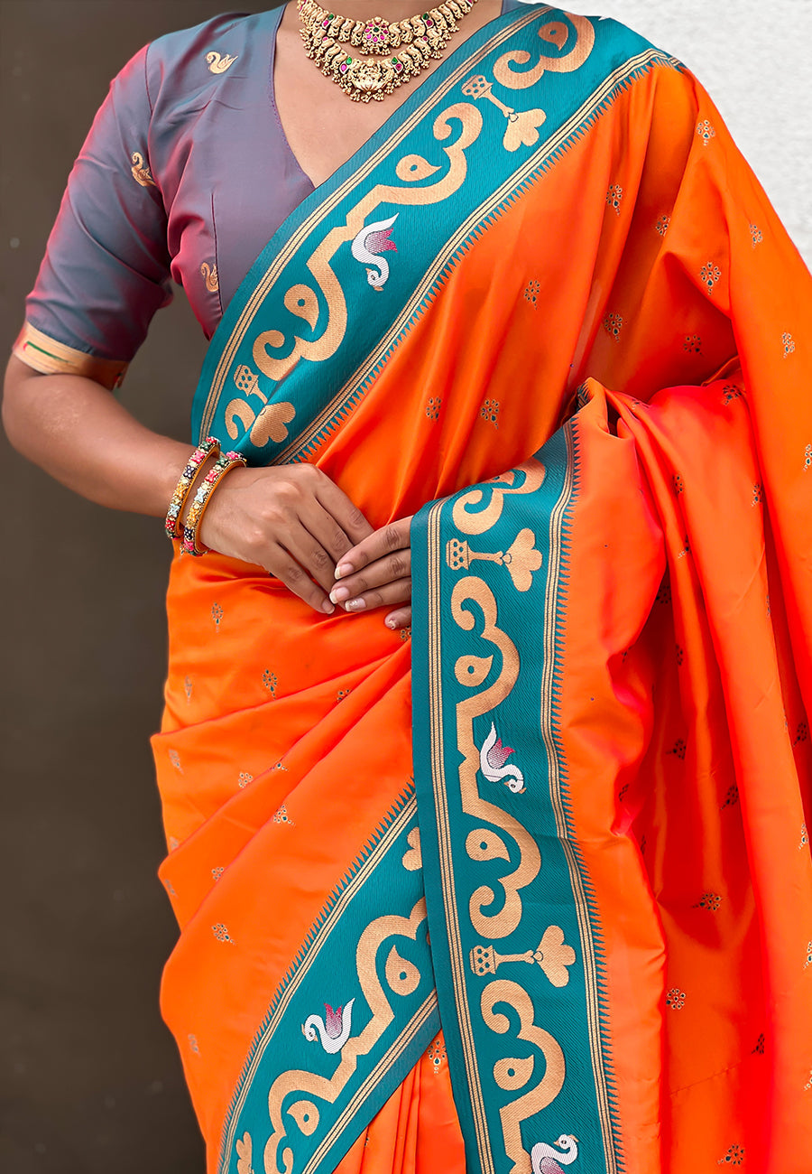 Orange zari woven rajhans swan paithani silk saree