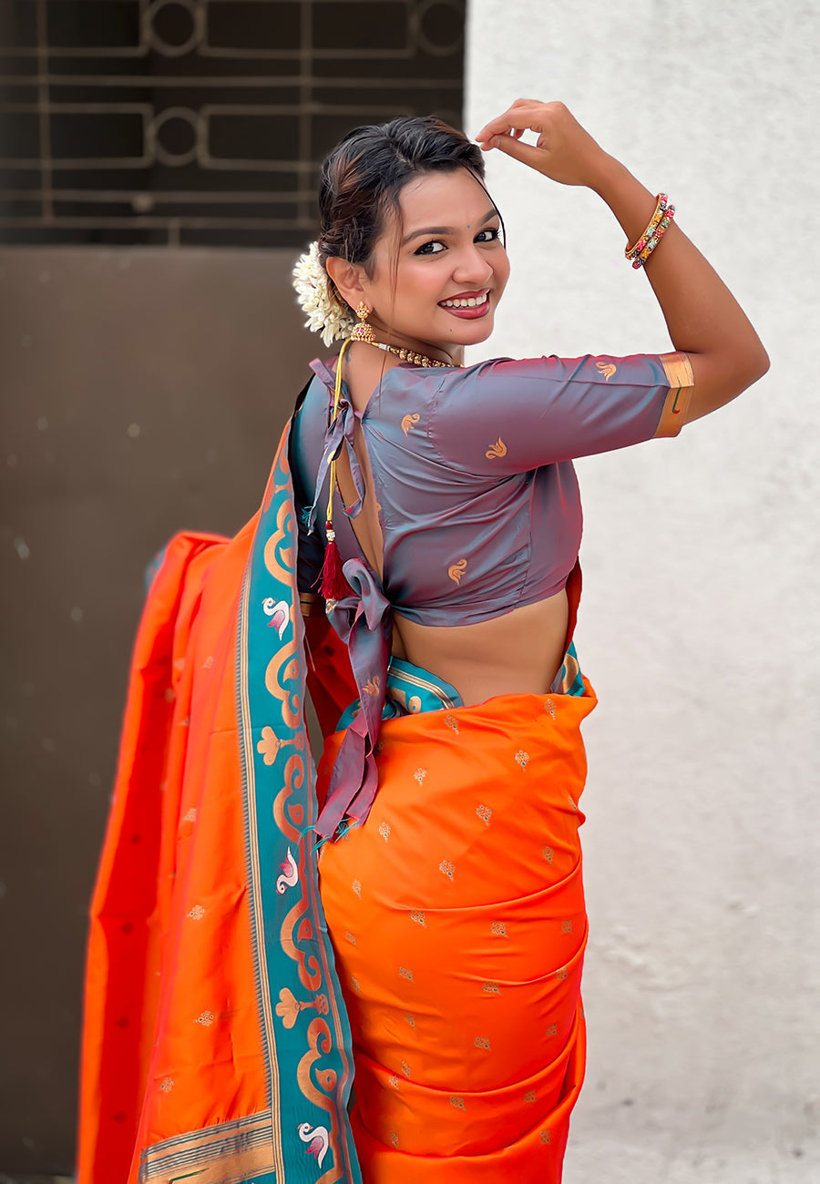 Orange zari woven rajhans swan paithani silk saree