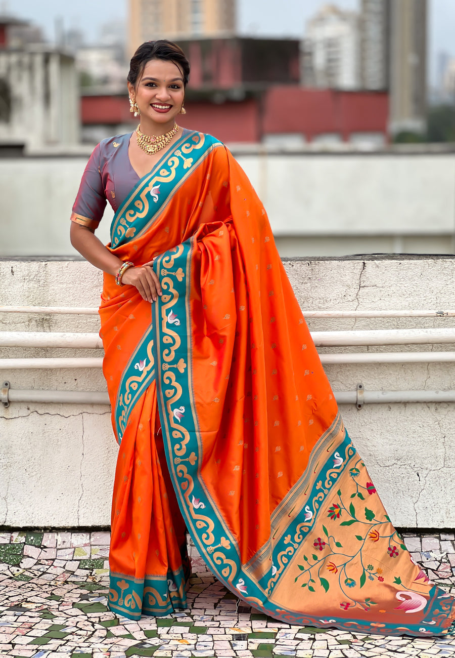 Orange zari woven rajhans swan paithani silk saree