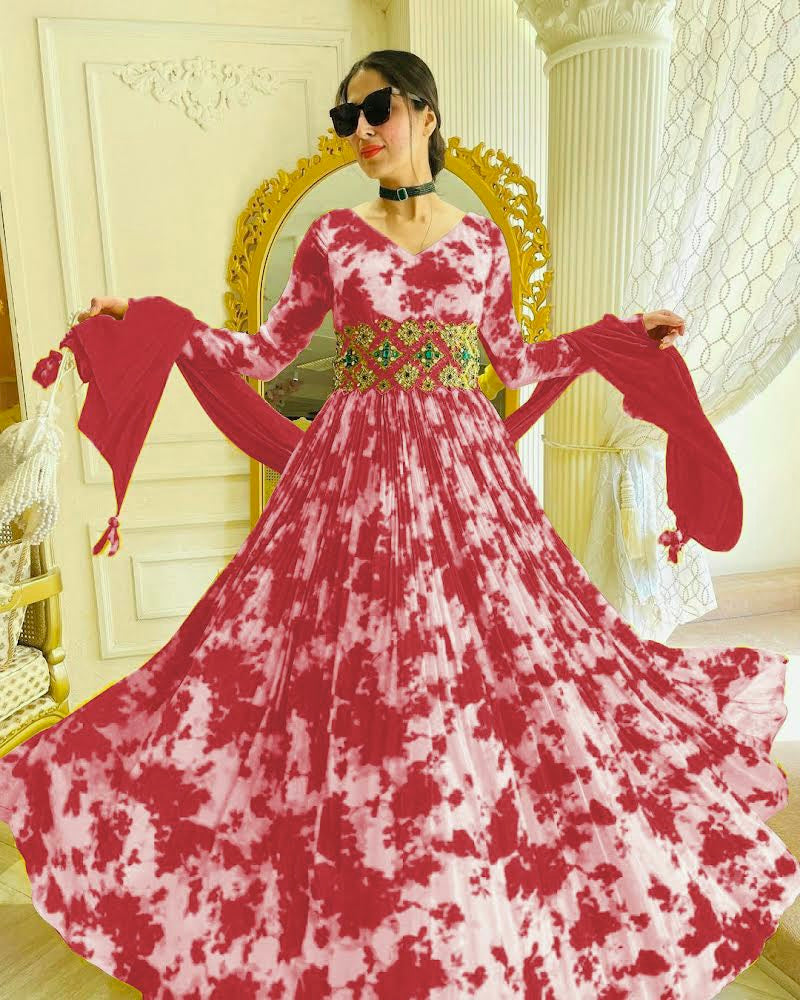 Digital Printed Red Color Georgette Gown With Belt