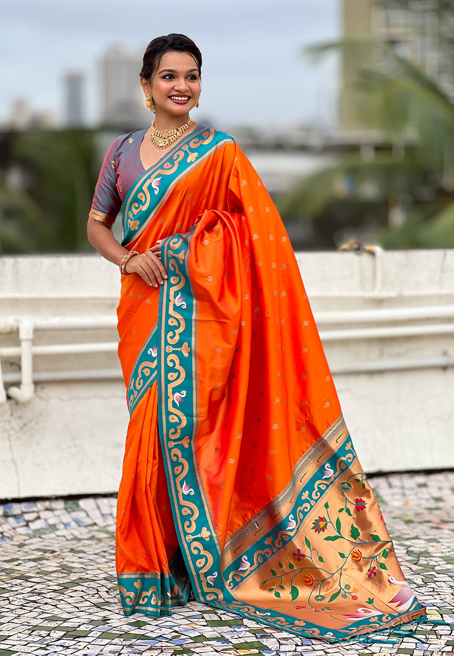 Orange zari woven rajhans swan paithani silk saree