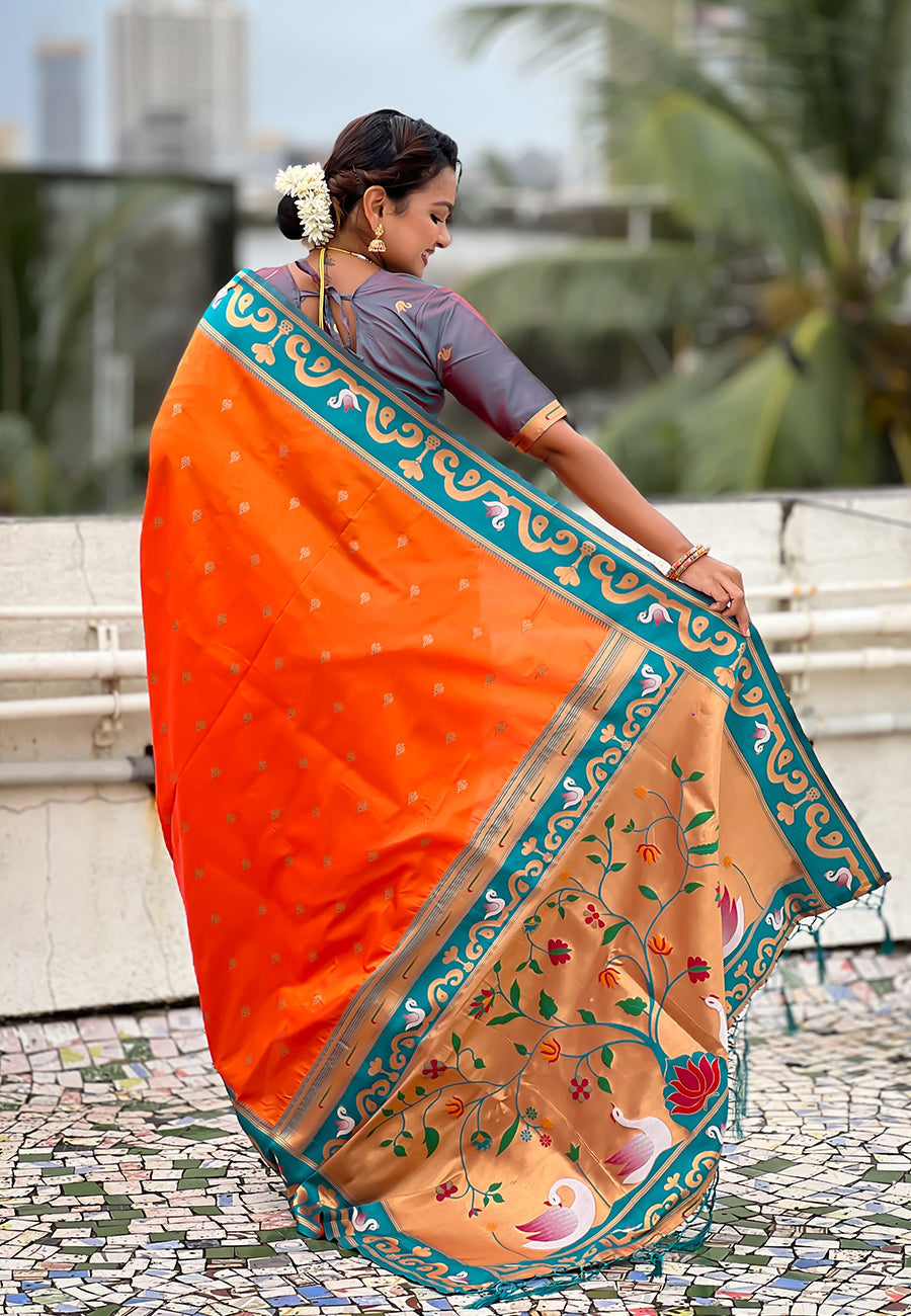 Orange zari woven rajhans swan paithani silk saree