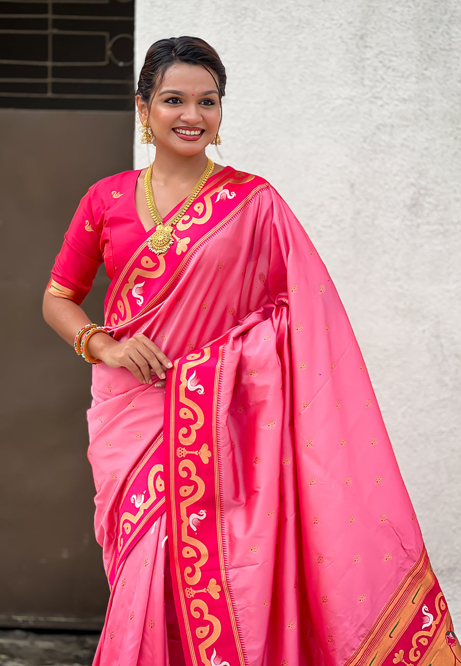 Baby pink zari woven rajhans swan paithani silk saree