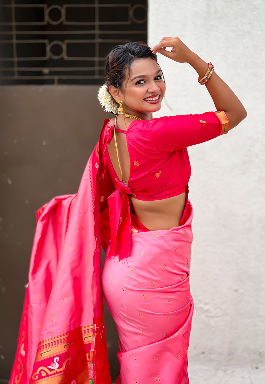 Baby pink zari woven rajhans swan paithani silk saree