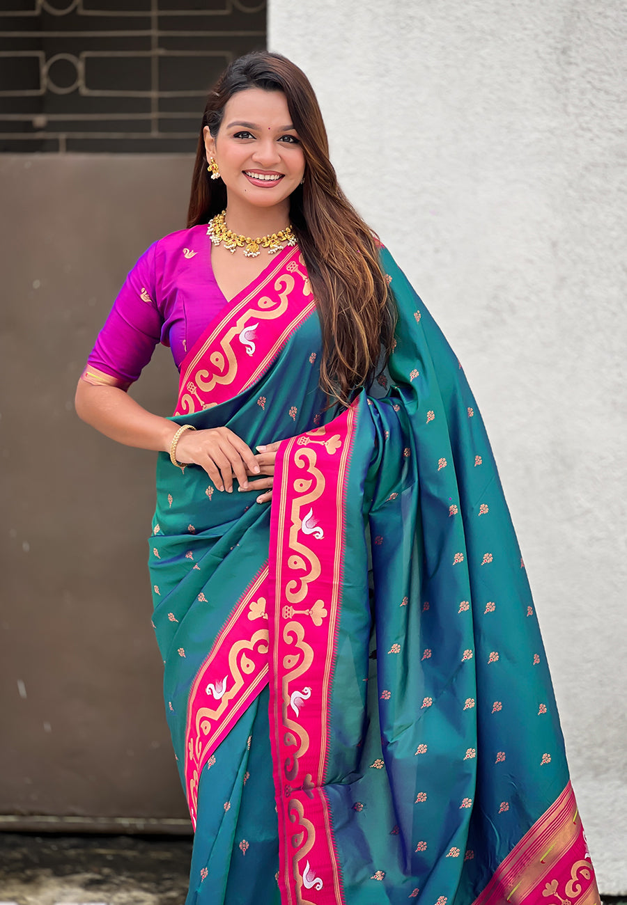 Green zari woven rajhans swan paithani silk saree
