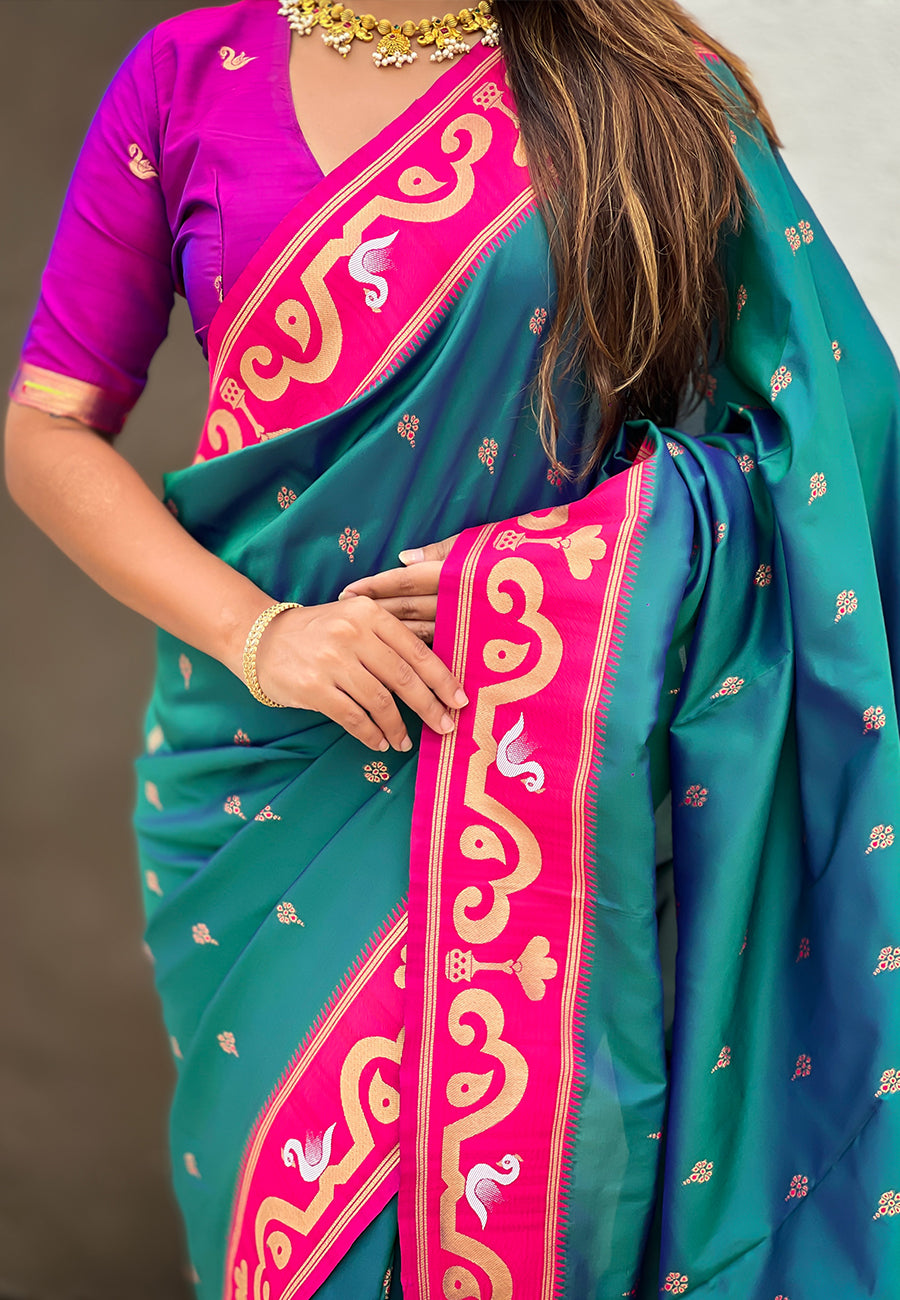 Green zari woven rajhans swan paithani silk saree