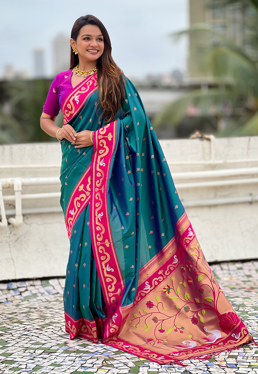 Green zari woven rajhans swan paithani silk saree