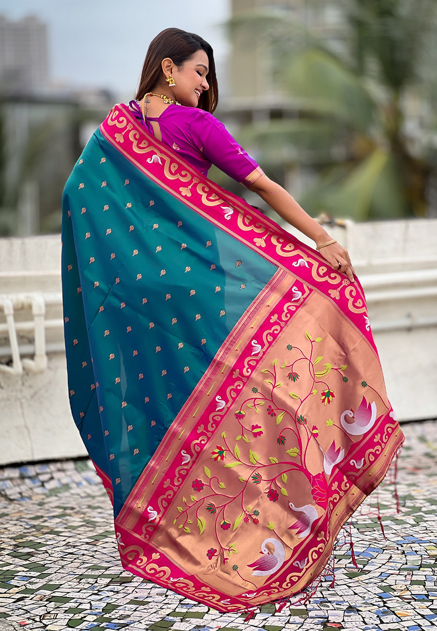 Green zari woven rajhans swan paithani silk saree