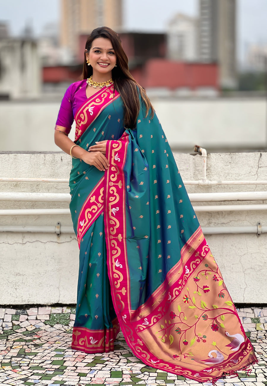 Green zari woven rajhans swan paithani silk saree