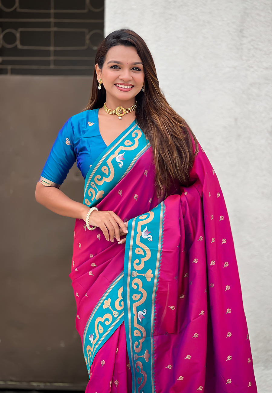 Magenta zari woven rajhans swan paithani silk saree
