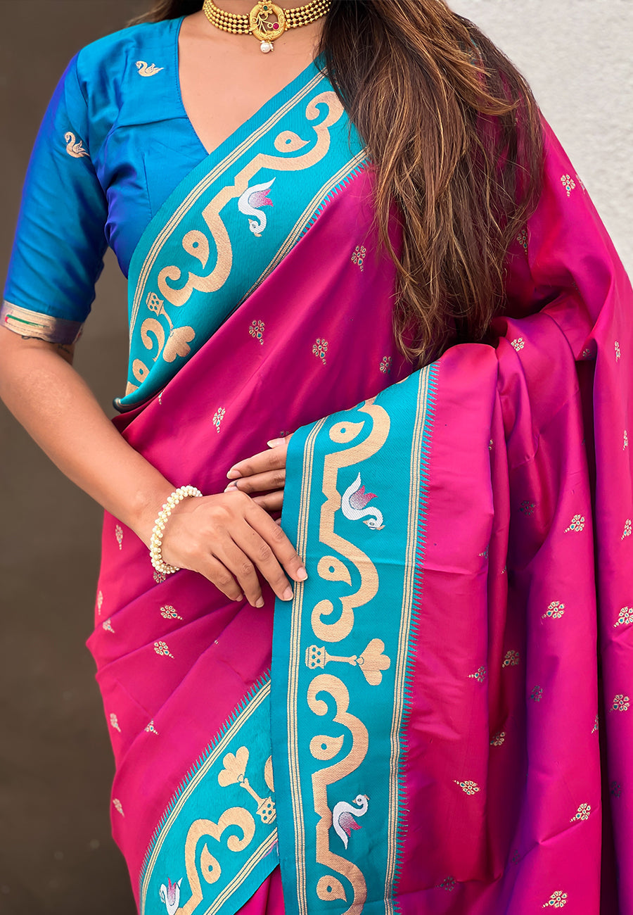 Magenta zari woven rajhans swan paithani silk saree
