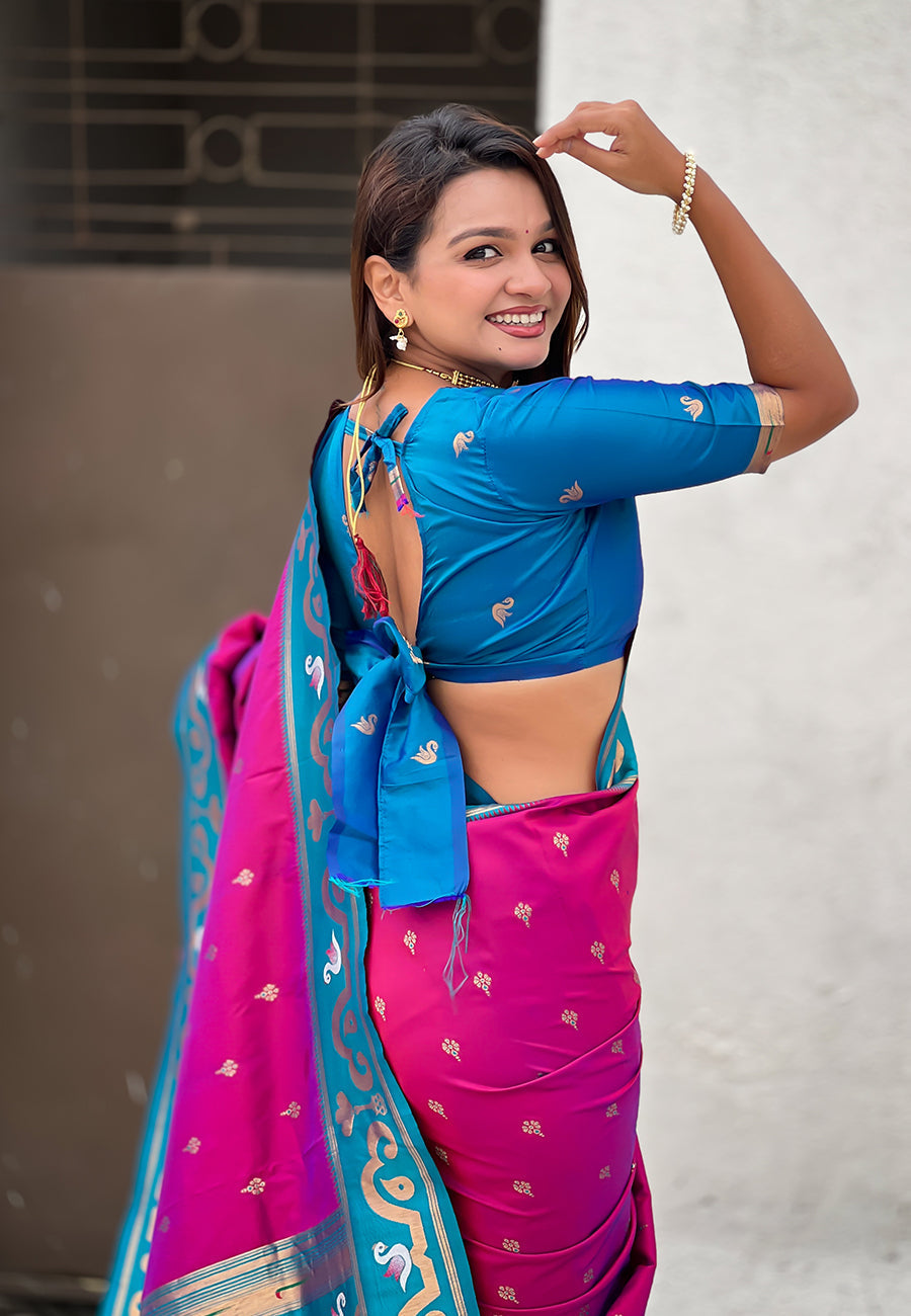Magenta zari woven rajhans swan paithani silk saree