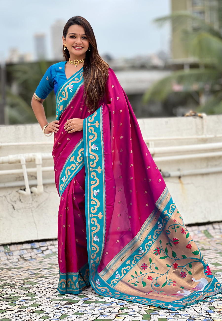 Magenta zari woven rajhans swan paithani silk saree