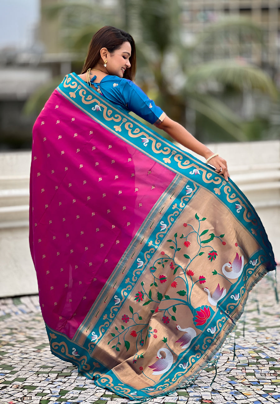 Magenta zari woven rajhans swan paithani silk saree
