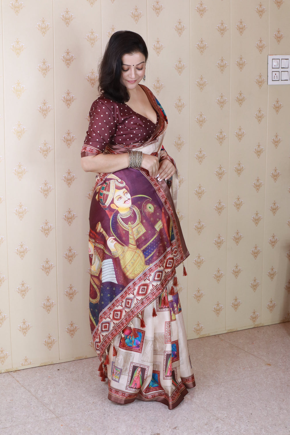 Maroon tussar silk bold kalamkari figure printed saree with zari woven border