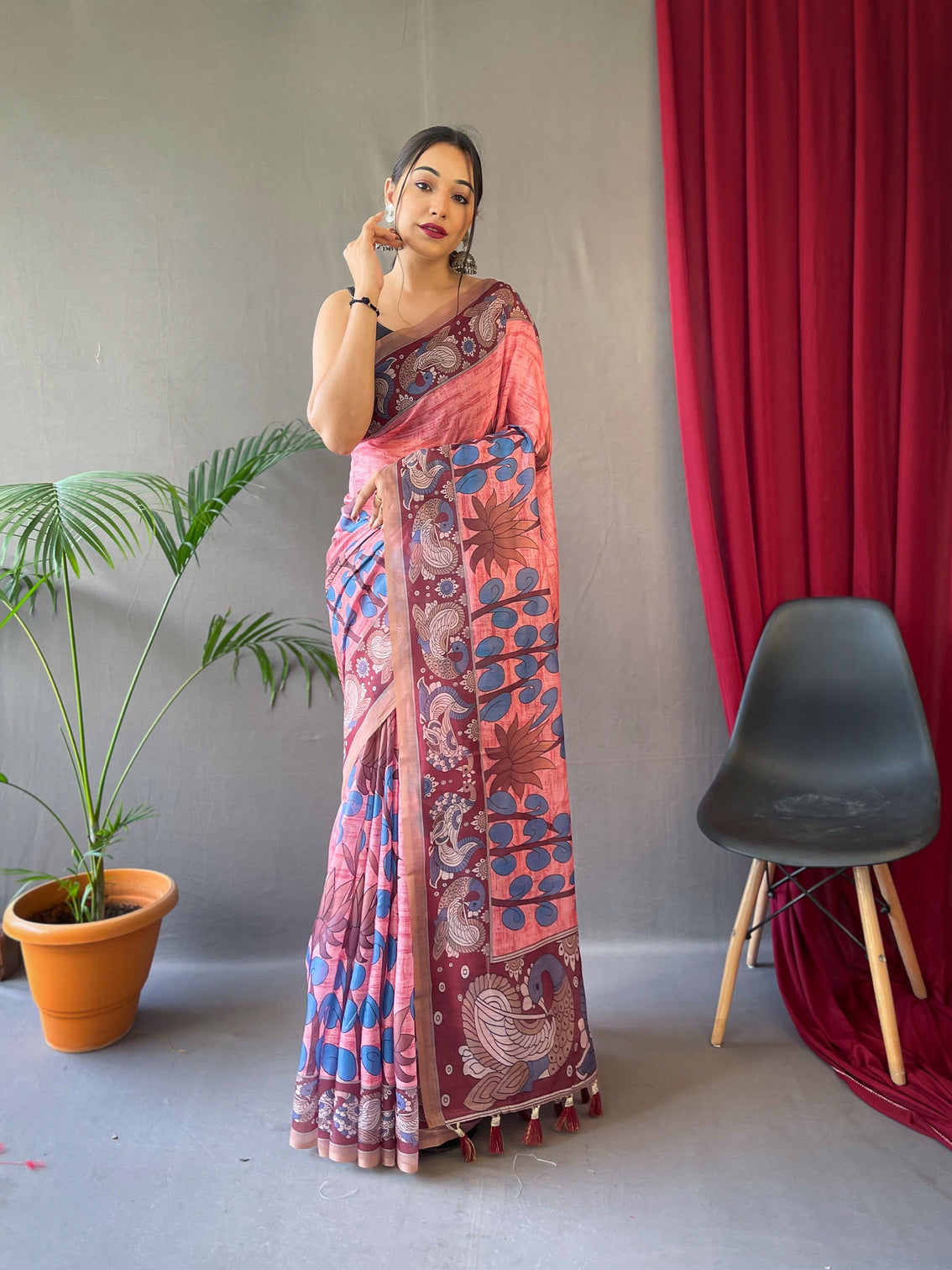 Pink Saree in Cotton Kalamkari Print for women