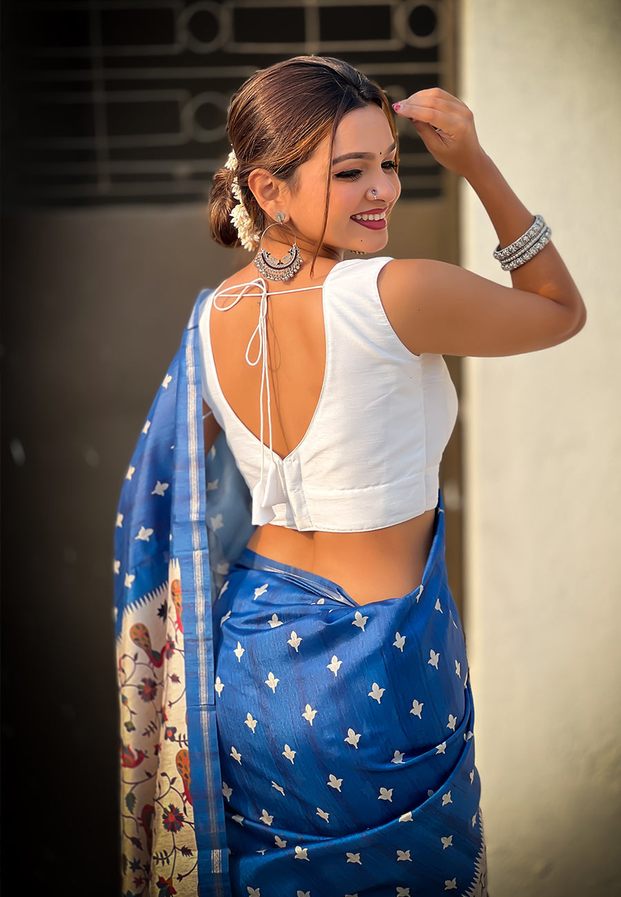 Dark blue katki silk printed kalamkari saree with zari border