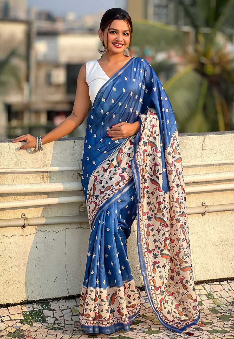 Dark blue katki silk printed kalamkari saree with zari border