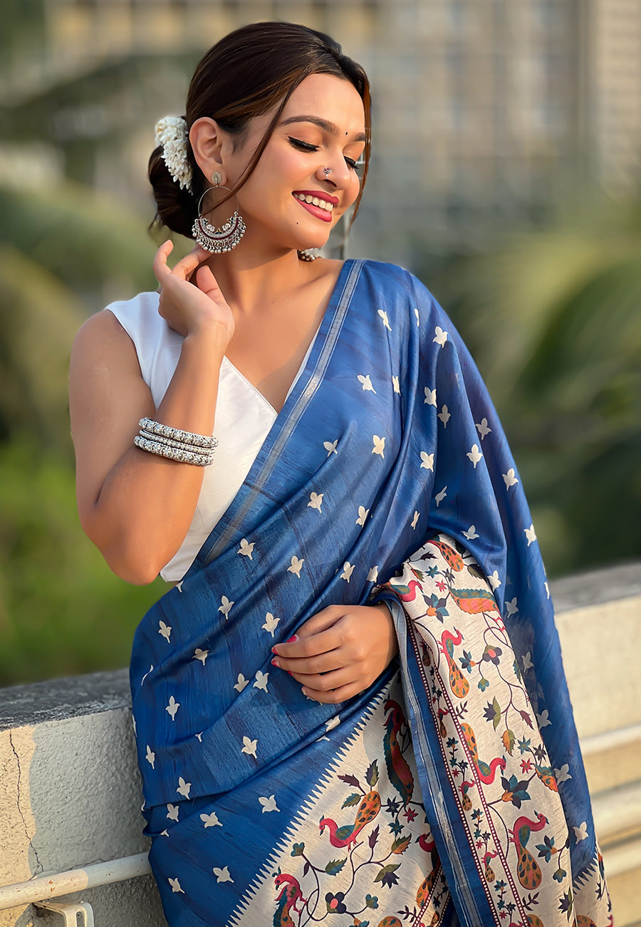 Dark blue katki silk printed kalamkari saree with zari border